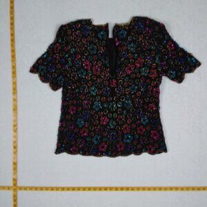VTG Stenay 80s Sequin Beaded Blue Purple Flower Evening Wear 100% Silk Blouse